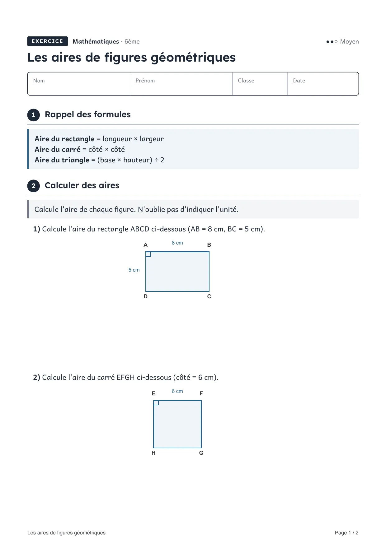 Aperçu de la première page de la fiche « Les aires de figures géométriques »