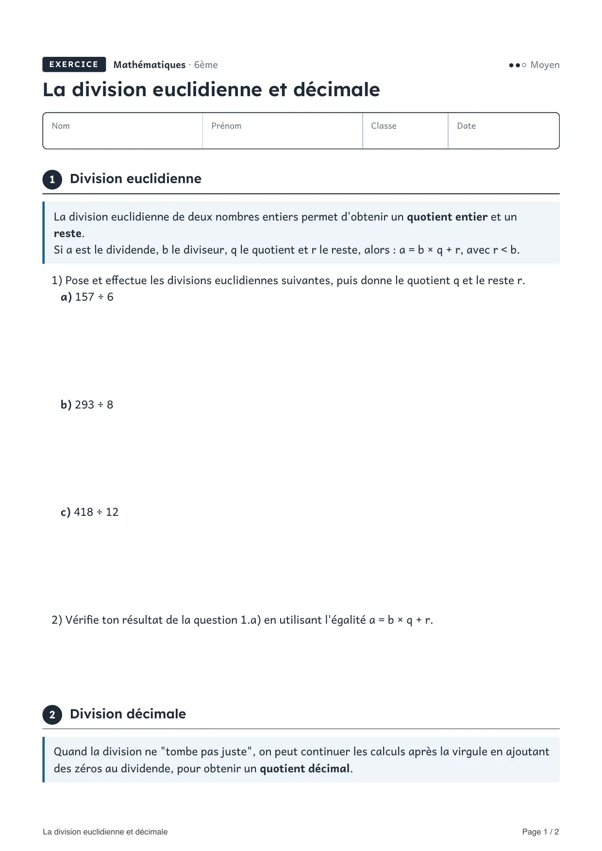Aperçu de la première page de la fiche « La division euclidienne et décimale »