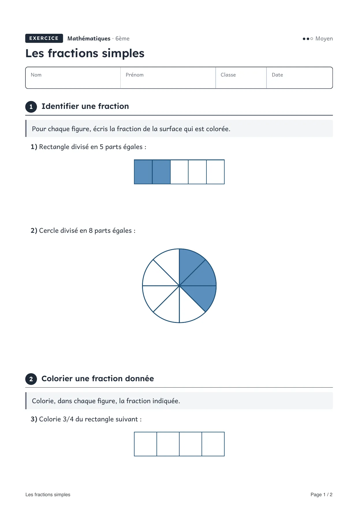 Aperçu de la première page de la fiche « Les fractions simples »
