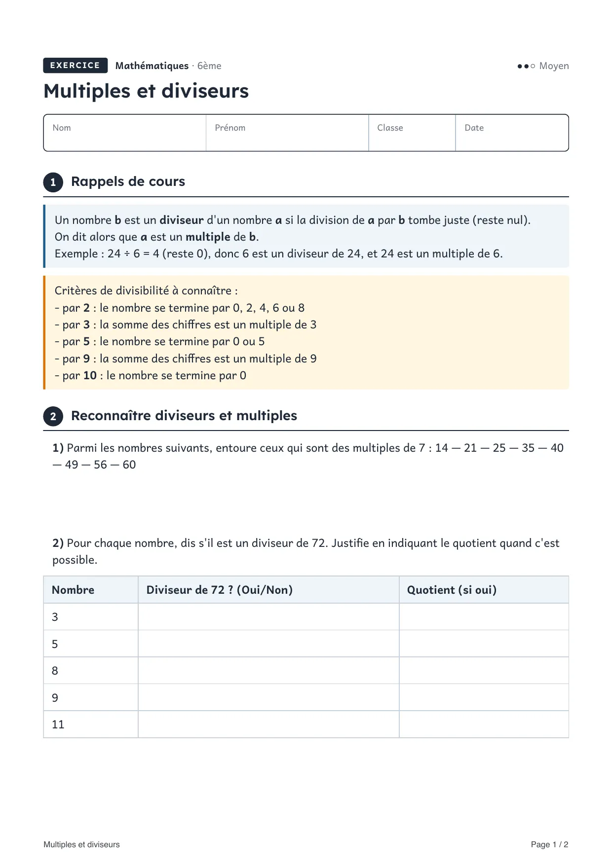 Aperçu de la première page de la fiche « Multiples et diviseurs »