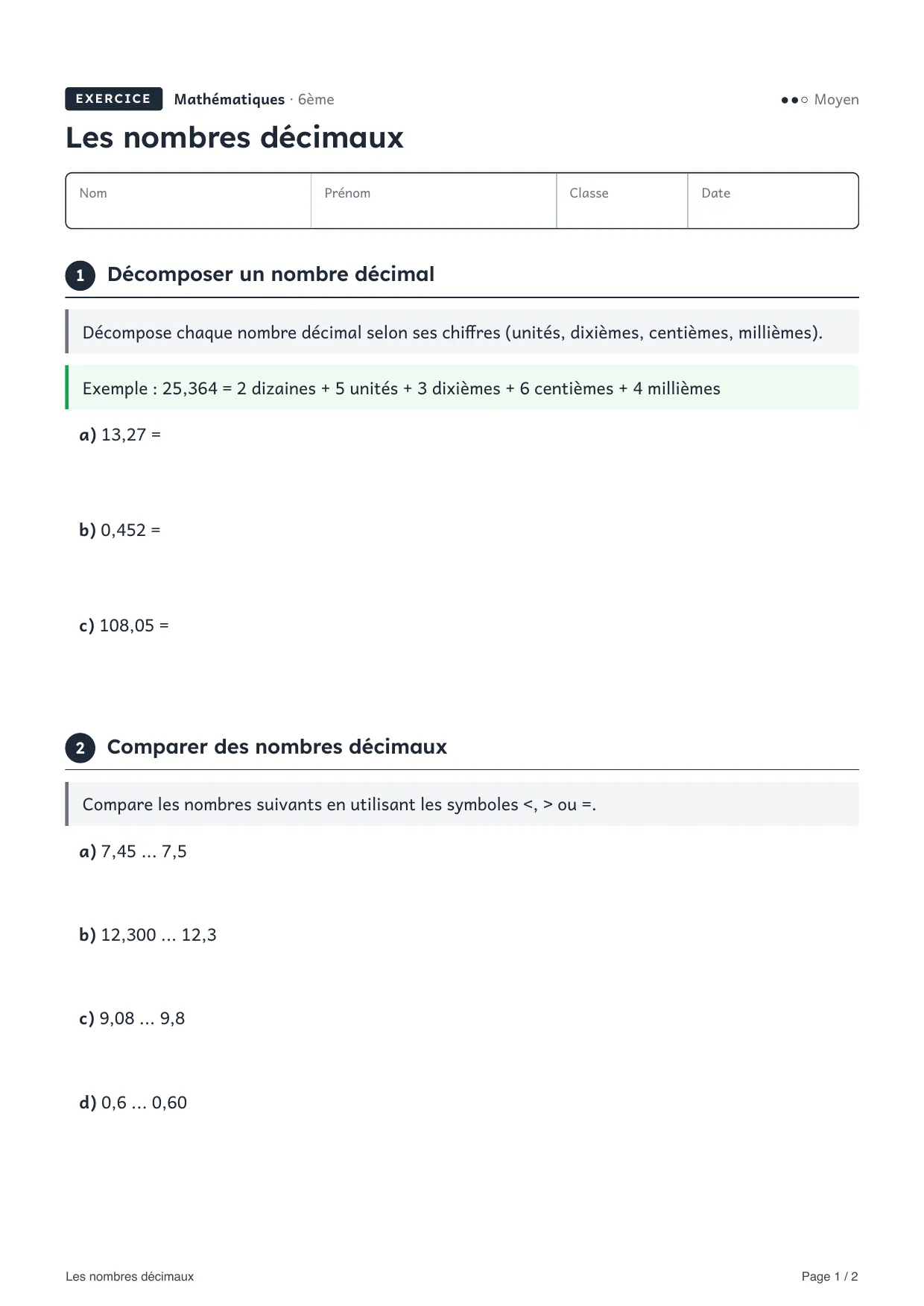 Aperçu de la première page de la fiche « Les nombres décimaux »