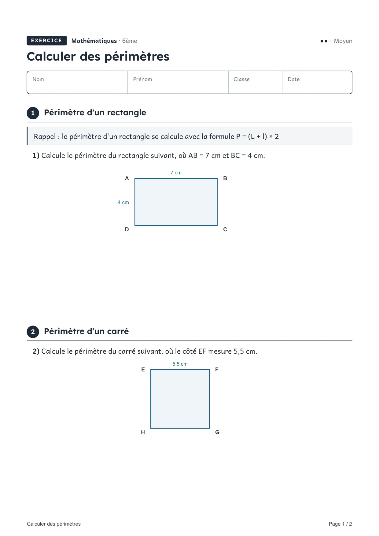 Aperçu de la première page de la fiche « Calculer des périmètres »