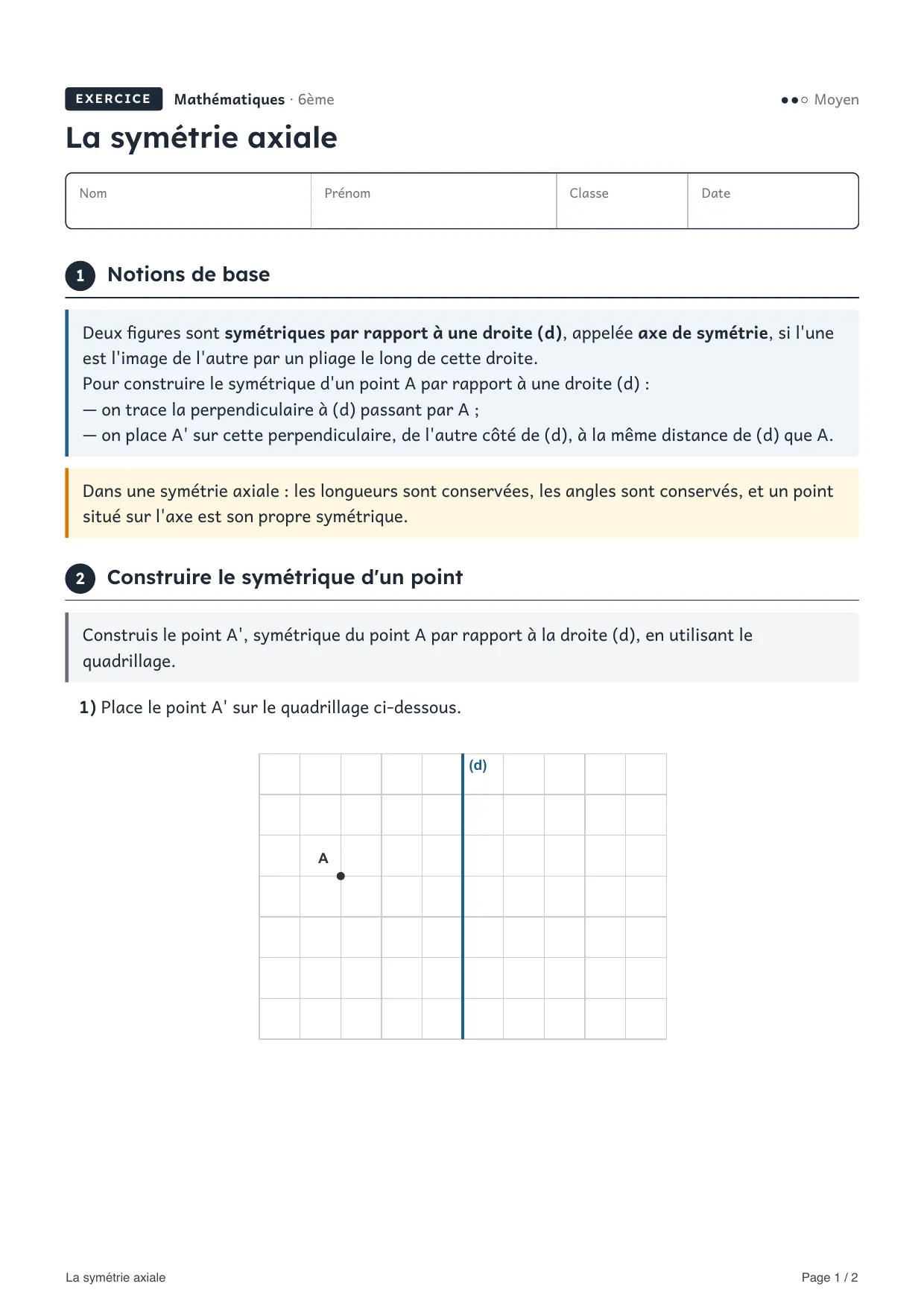 Aperçu de la première page de la fiche « La symétrie axiale »
